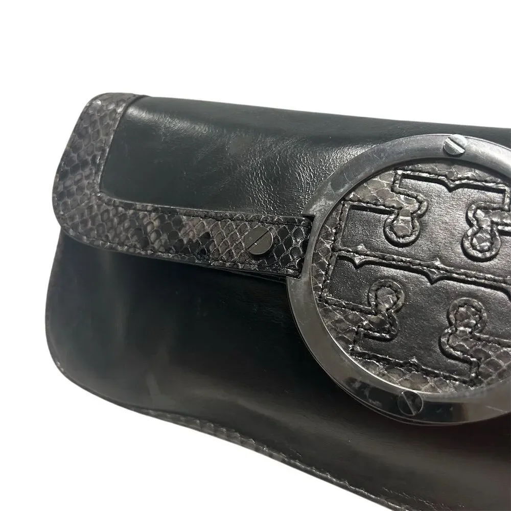 Tory Burch Women's Black Leather Clutch‎ with Snakeskin Trim